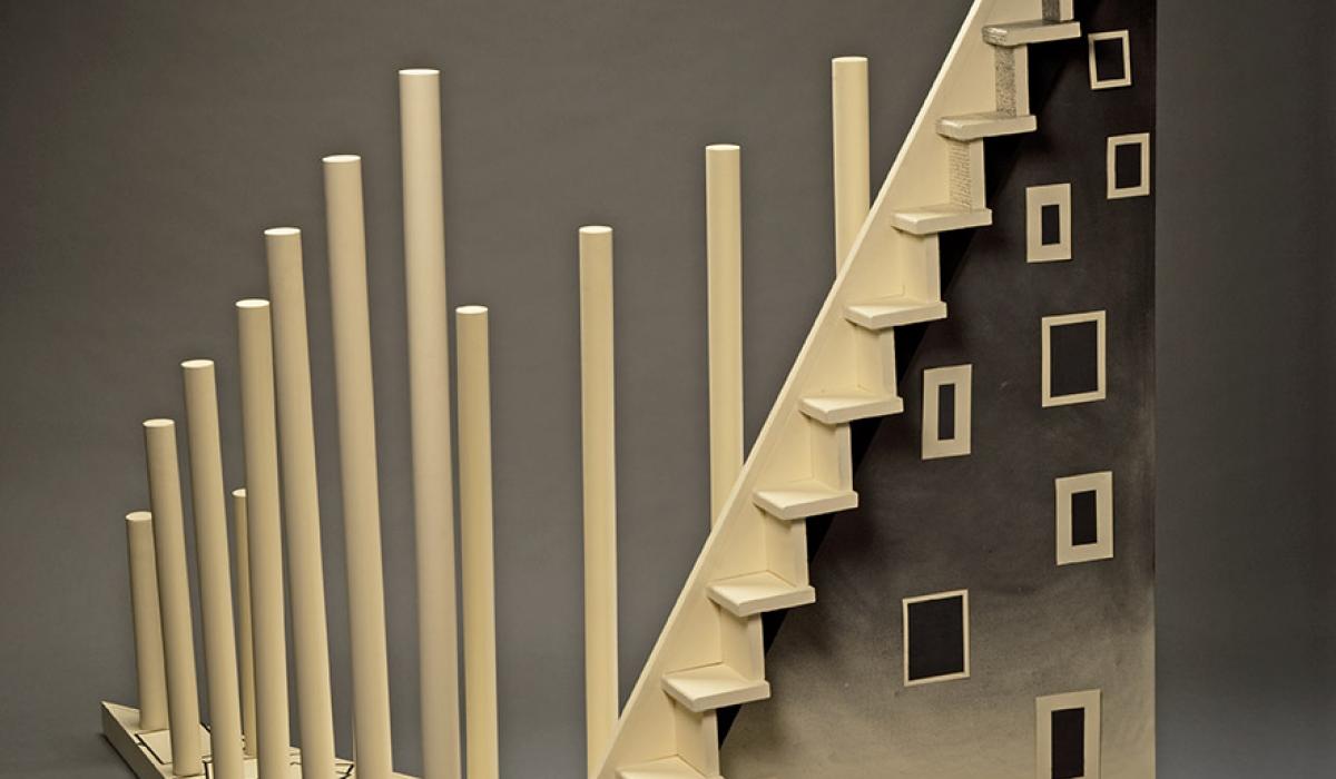 Johnson, Carla Rae. (2016). Anne Frank Meets Albert Schweitzer (front view). Sculpture in wood, paint, graphite, plus 99 drawings (graphite on paper). 78.5x87x43 in. Photograph by Howard Goodman. Johnson, Carla Rae. (2016). Anne Frank Meets Albert Schweitzer (front view). Sculpture in wood, paint, graphite, plus 99 drawings (graphite on paper). 78.5x87x43 in. Photograph by Howard Goodman.